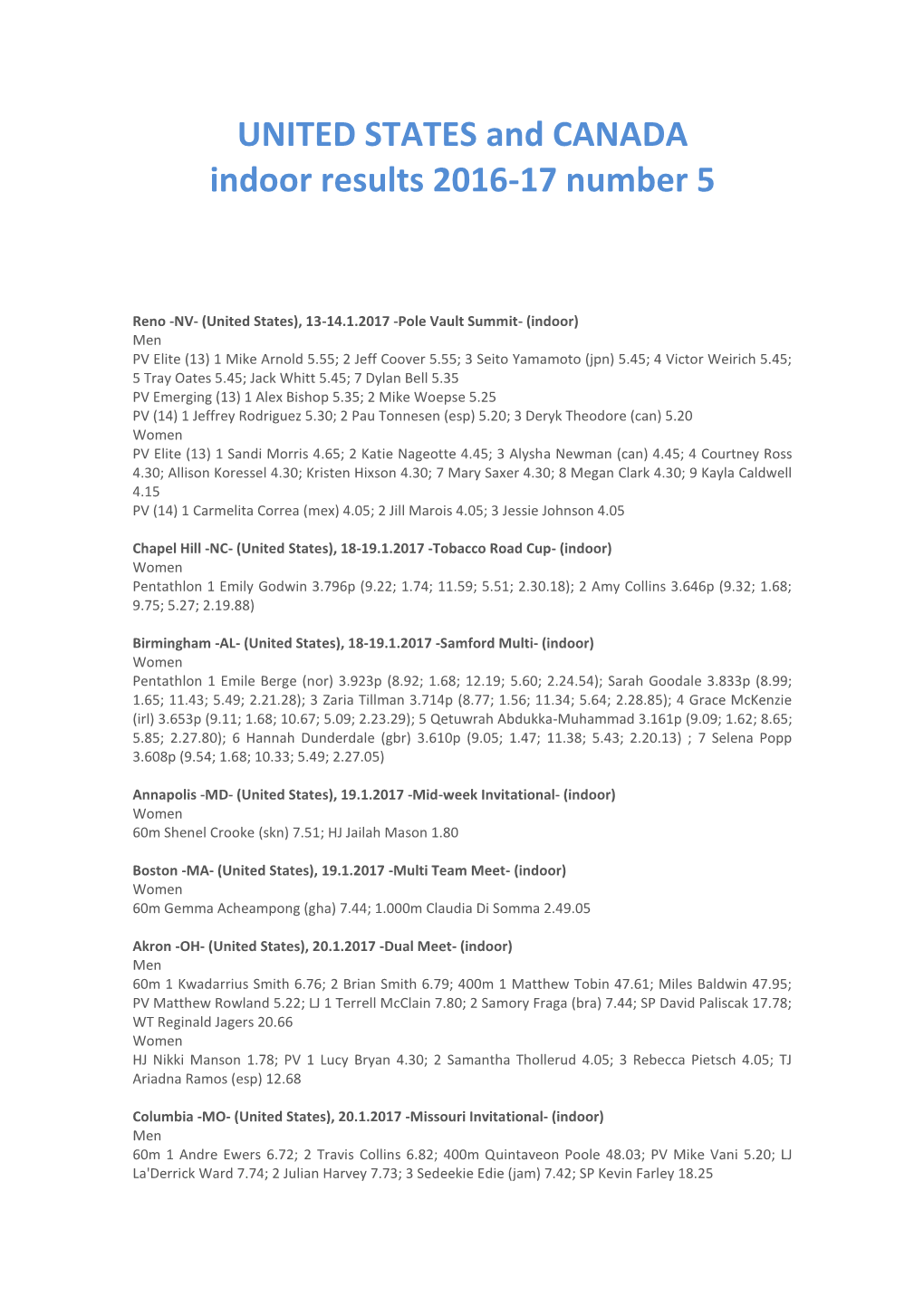 UNITED STATES and CANADA Indoor Results 2016-17 Number 5