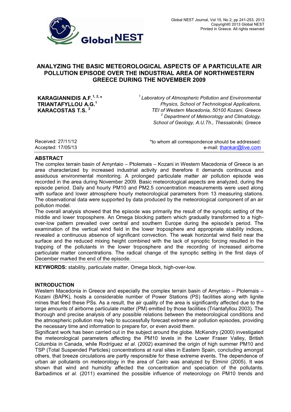 Analyzing the Basic Meteorological Aspects of a Particulate Air Pollution Episode Over the Industrial Area of Northwestern Greece During the November 2009