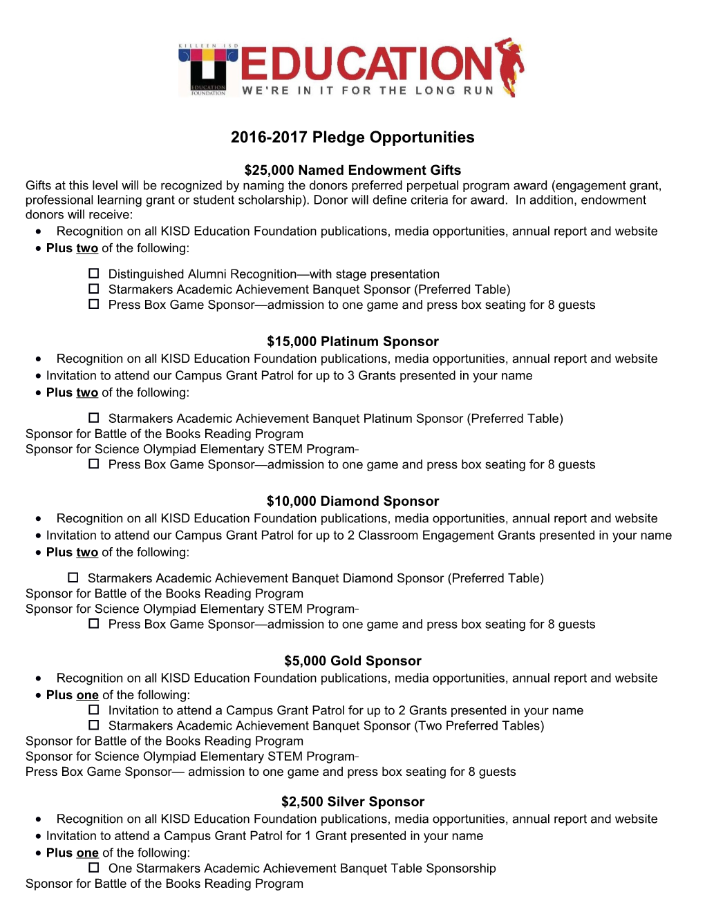 2016-2017 Pledge Opportunities