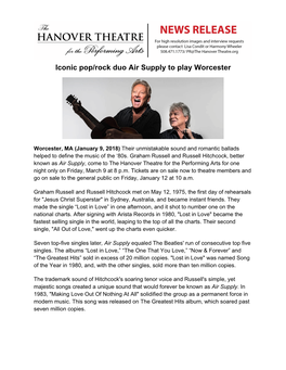 Iconic Pop/Rock Duo Air Supply to Play Worcester