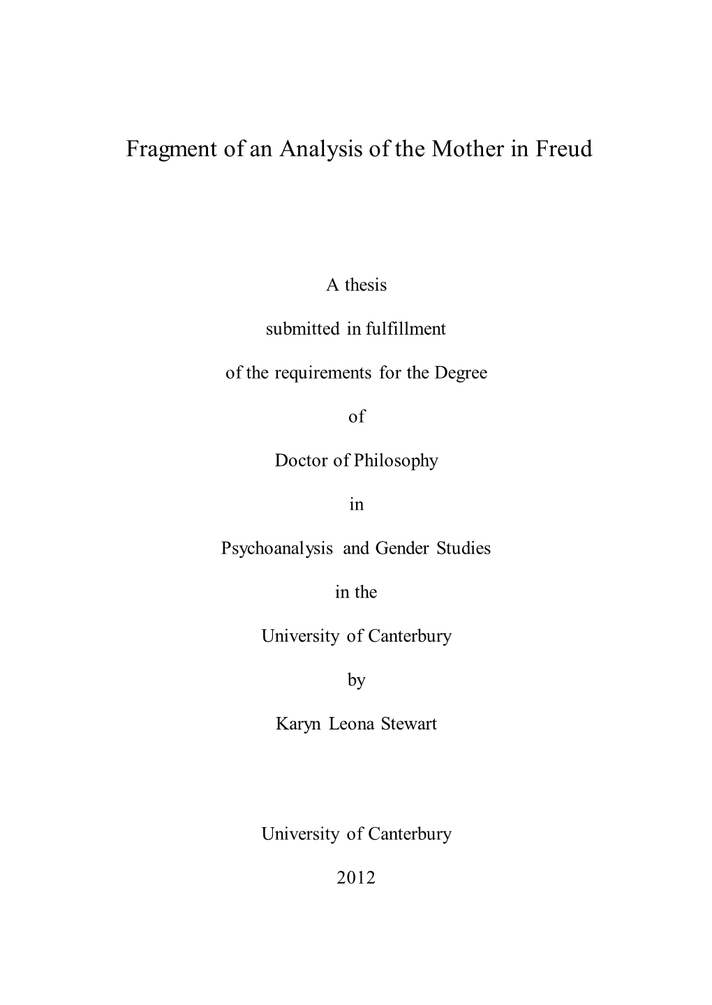 Fragment of an Analysis of the Mother in Freud