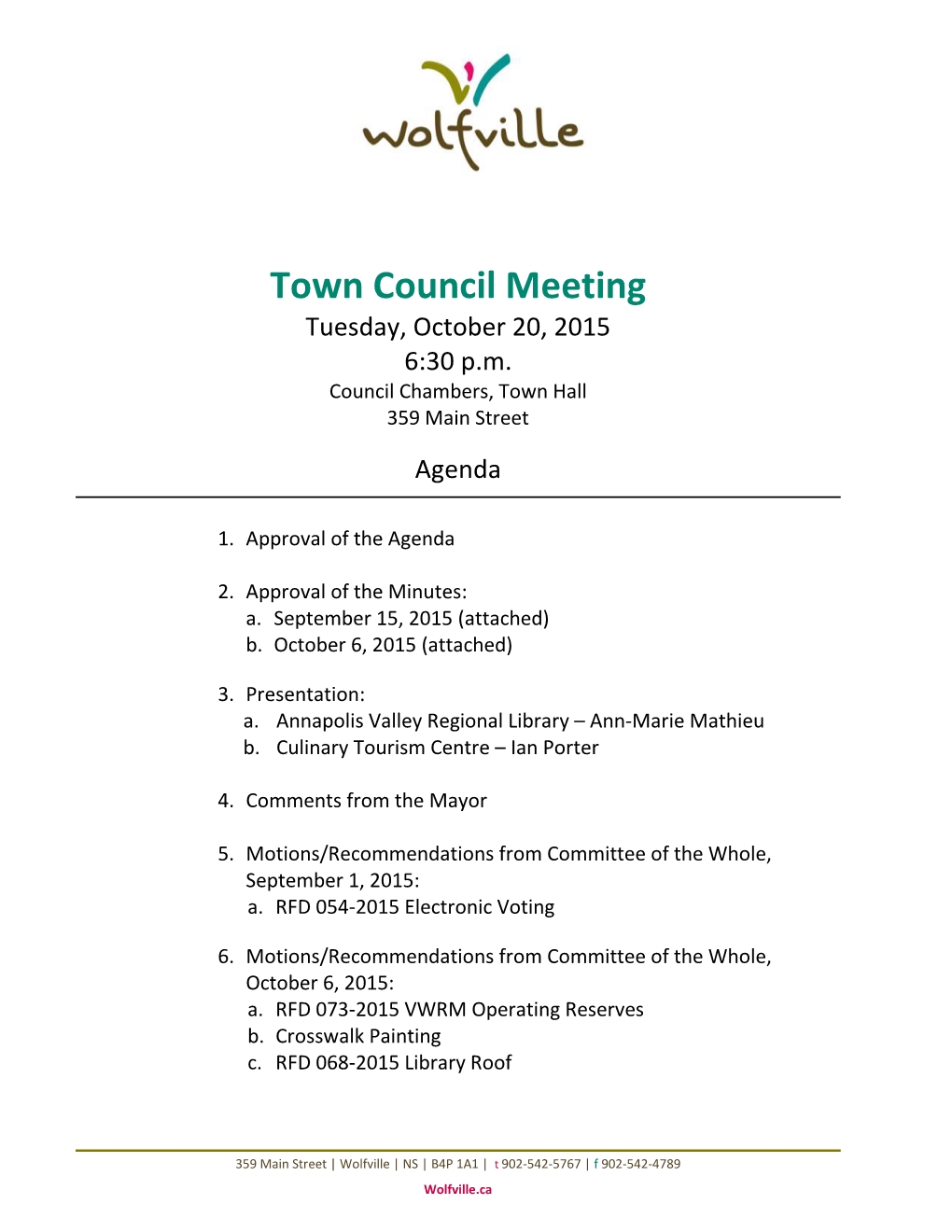 Town Council Meeting Tuesday, October 20, 2015 6:30 P.M