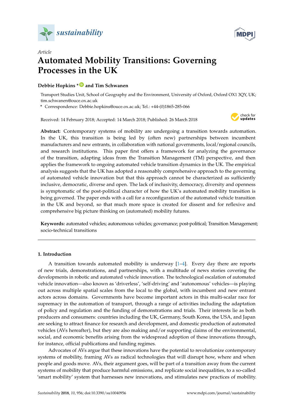 Automated Mobility Transitions: Governing Processes in the UK