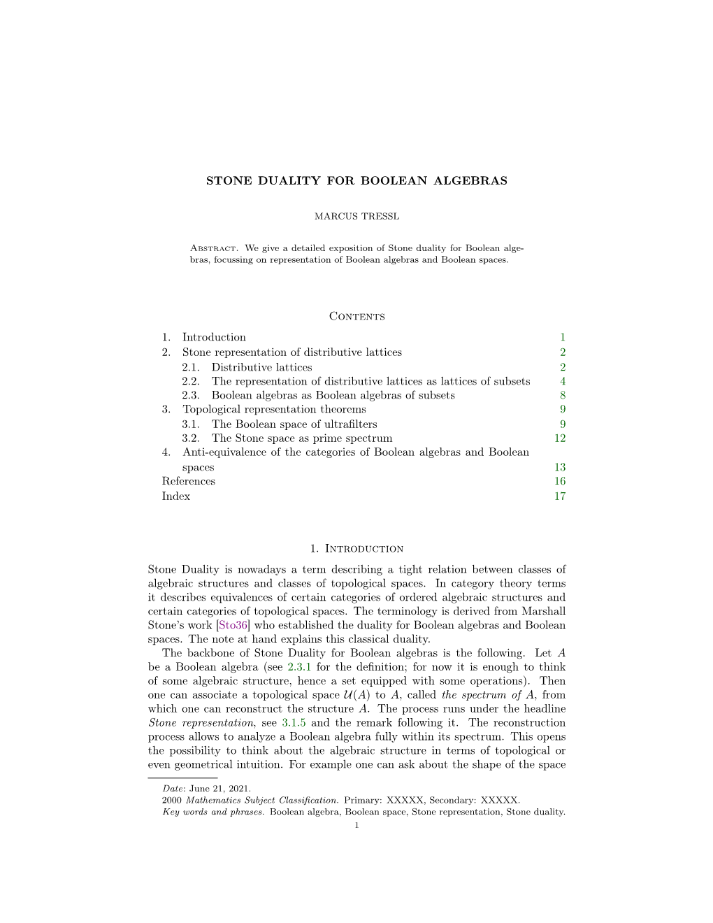 STONE DUALITY for BOOLEAN ALGEBRAS Contents 1