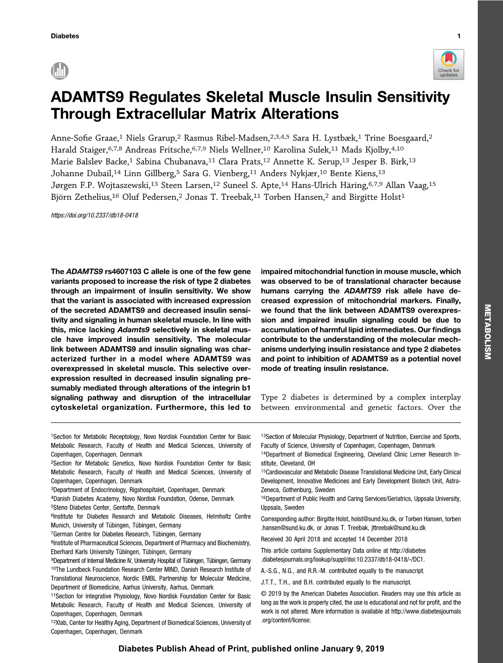 ADAMTS9 Regulates Skeletal Muscle Insulin Sensitivity Through Extracellular Matrix Alterations