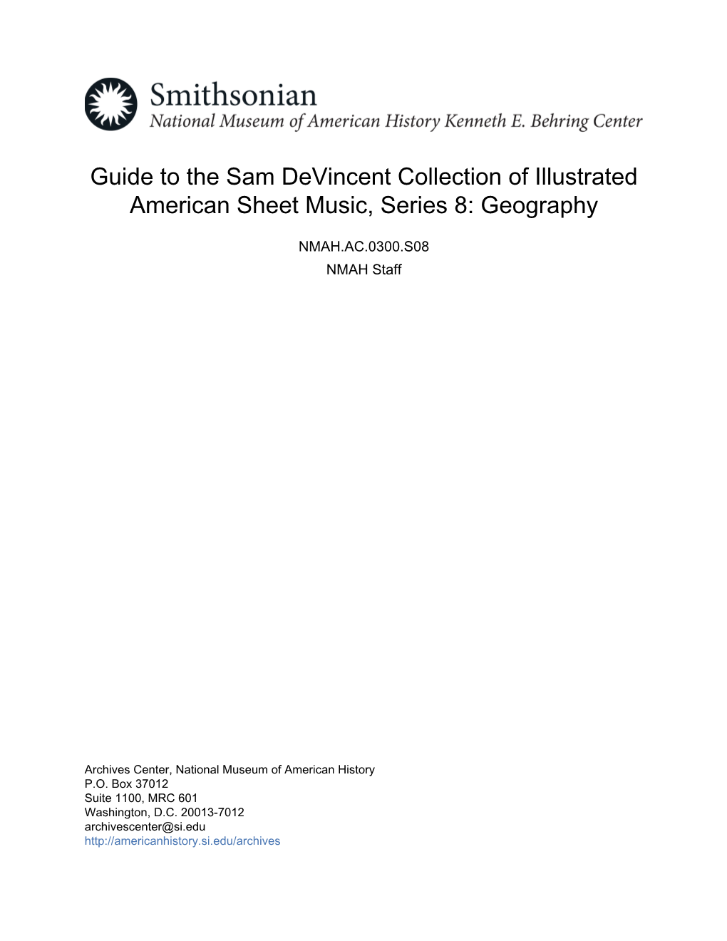 Guide to the Sam Devincent Collection of Illustrated American Sheet Music, Series 8: Geography