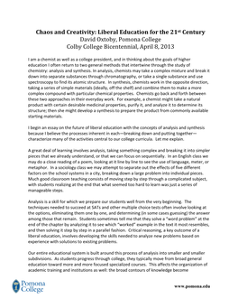 Chaos and Creativity: Liberal Education for the 21St Century David Oxtoby, Pomona College Colby College Bicentennial, April 8, 2013