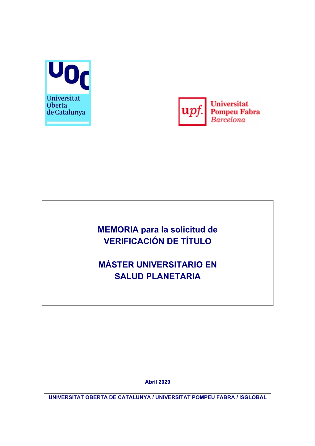 MEMORIA Para La Solicitud De VERIFICACIÓN DE TÍTULO