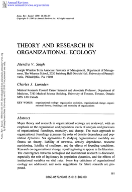 Theory and Research in Organizational Ecology