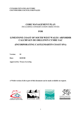 Core Management Plan for Limestone Coast of South West Wales/ Arfordir Calchfaen De Orllewin Cymru Sac (Incorporating Castlemart