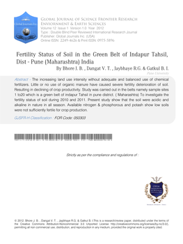 Fertility Status of Soil in the Green Belt of Indapur Tahsil, Dist - Pune (Maharashtra) India by Bhore J