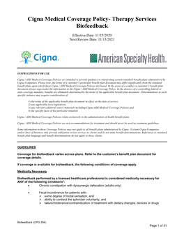 Cigna Medical Coverage Policy- Therapy Services Biofeedback