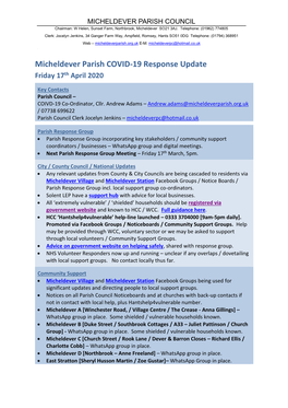 Micheldever Parish COVID-19 Response Update Friday 17Th April 2020