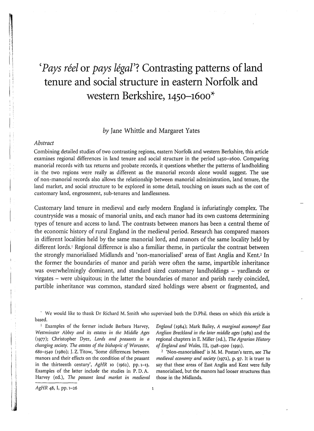 Contrasting Patterns of Land Tenure and Social Structure in Eastern Norfolk and Western Berkshire, 145O-16Oo*