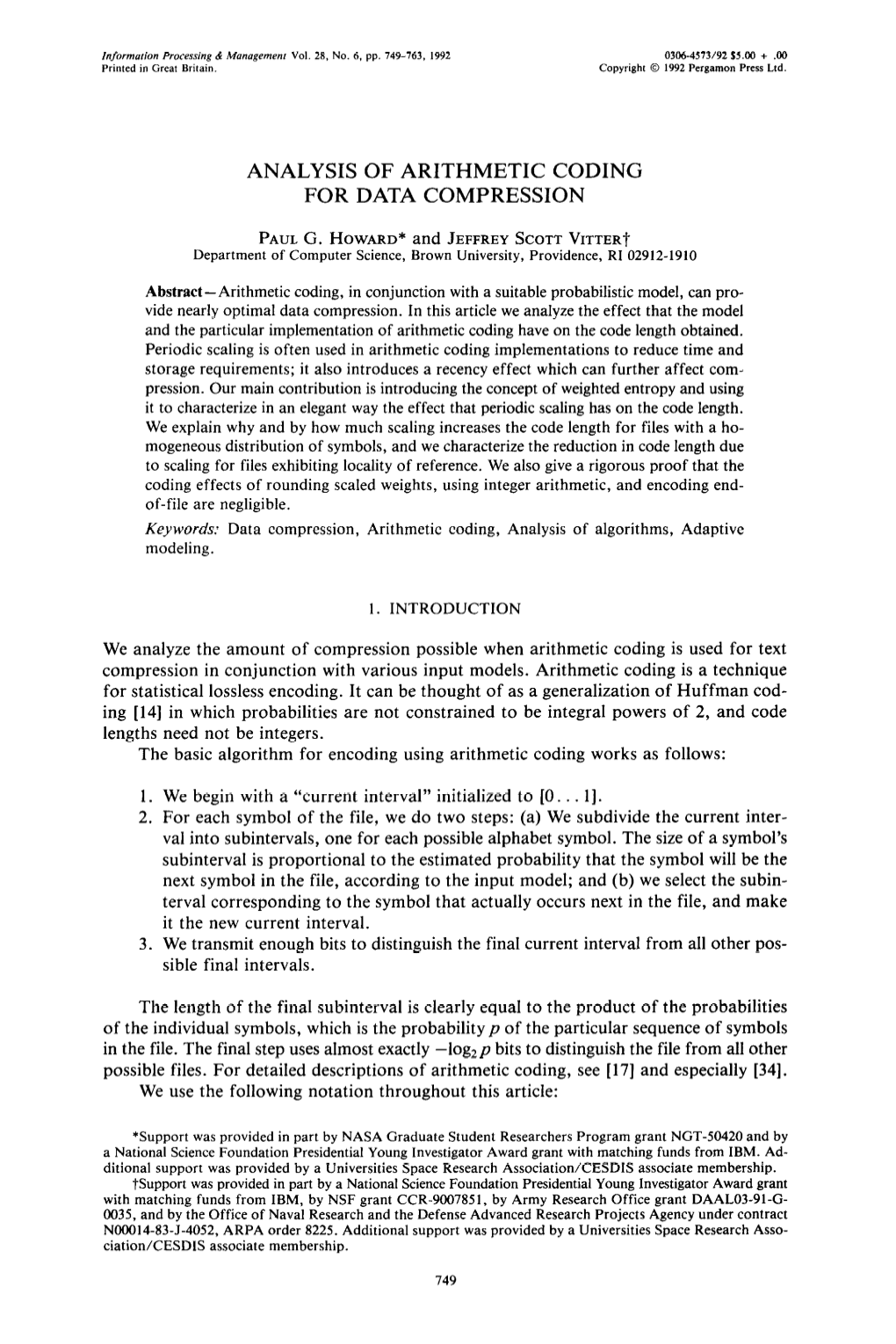 Analysis of Arithmetic Coding for Data Compression