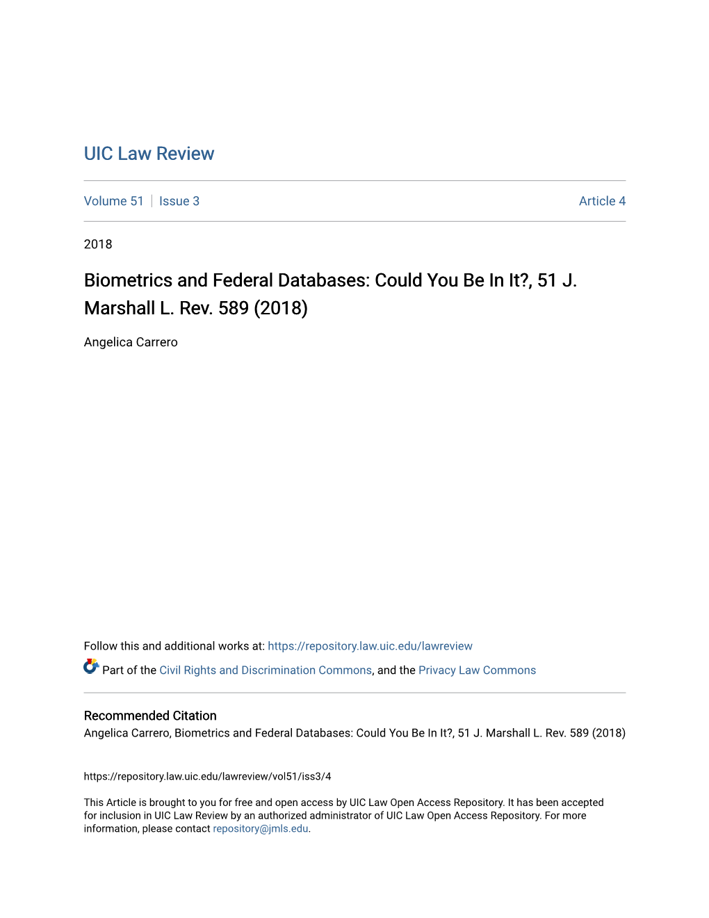 Biometrics and Federal Databases: Could You Be in It?, 51 J