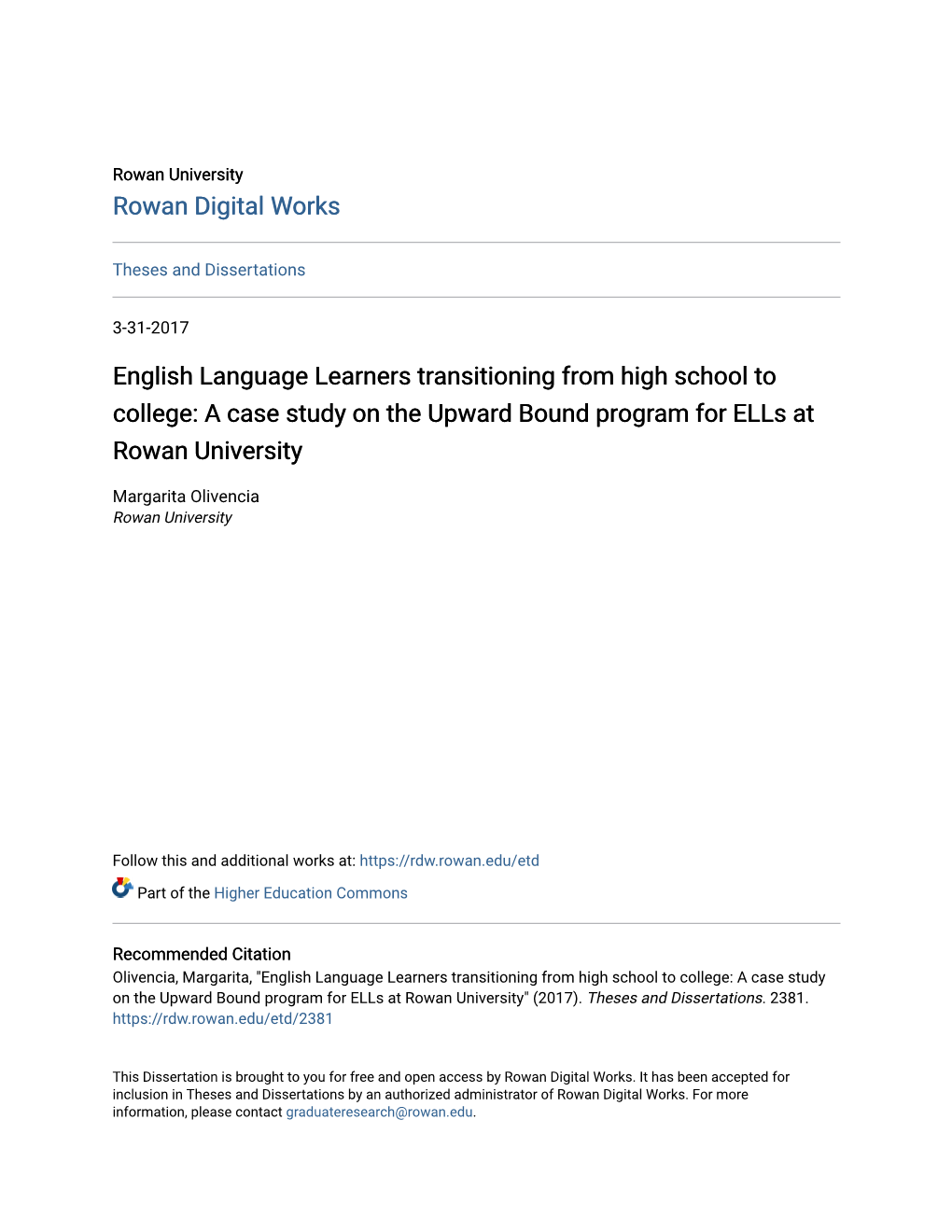 A Case Study on the Upward Bound Program for Ells at Rowan University