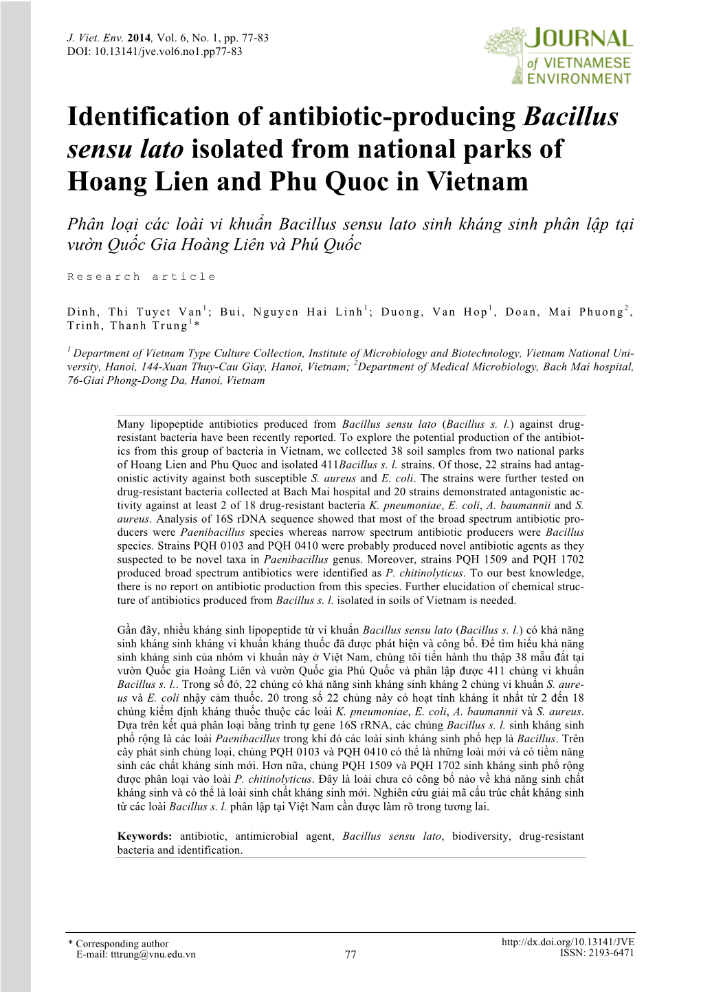 Identification of Antibiotic-Producing Bacillus Sensu Lato Isolated from National Parks Of