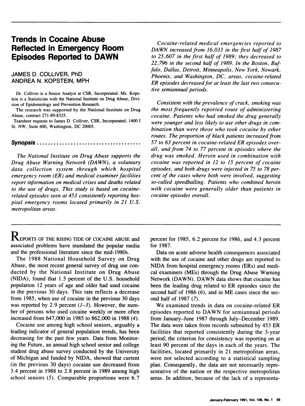 Trends in Cocaine Abuse Reflected in Emergency Room Episodes