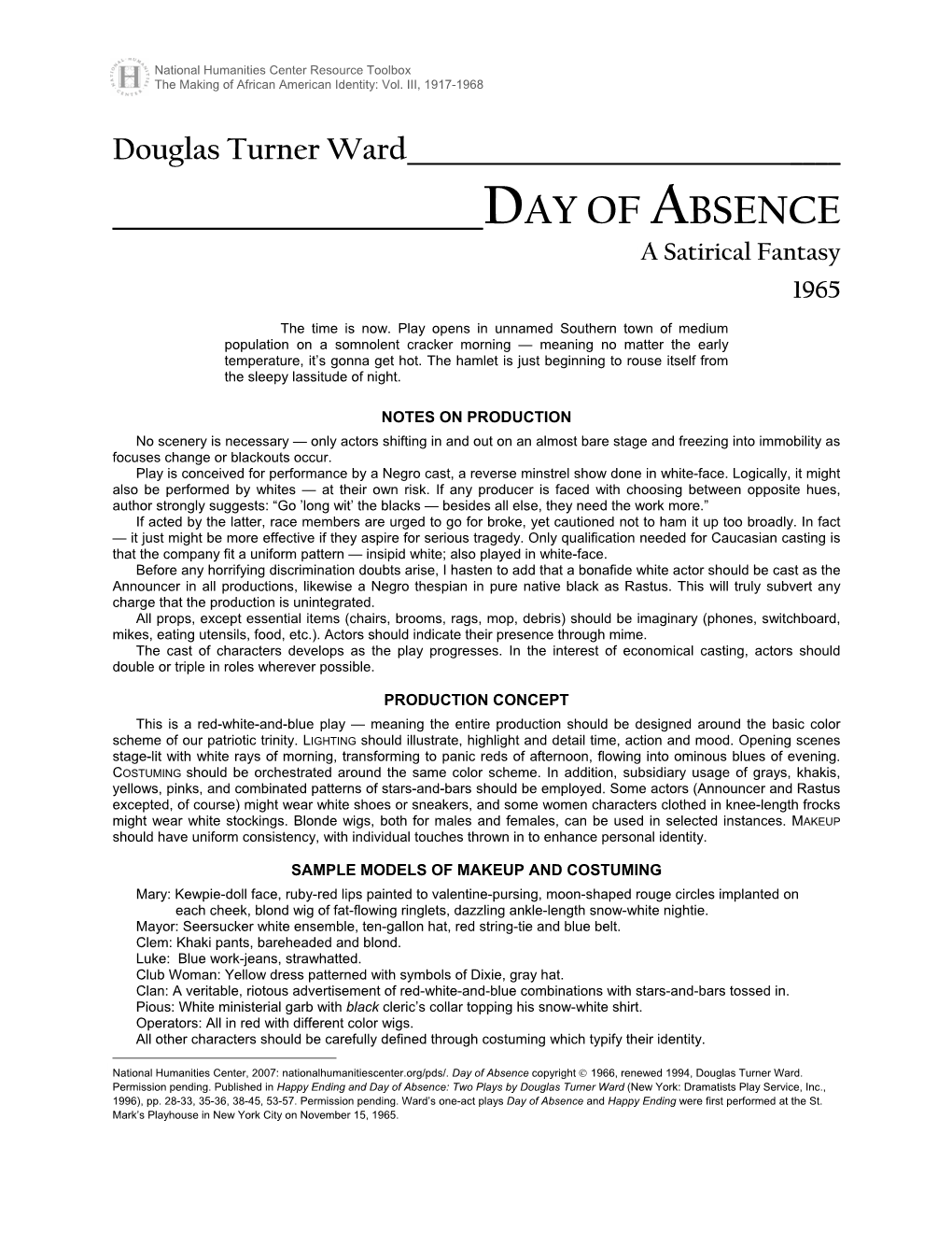 Douglas Turner Ward, Day of Absence, One-Act Play, 1965, Excerpts