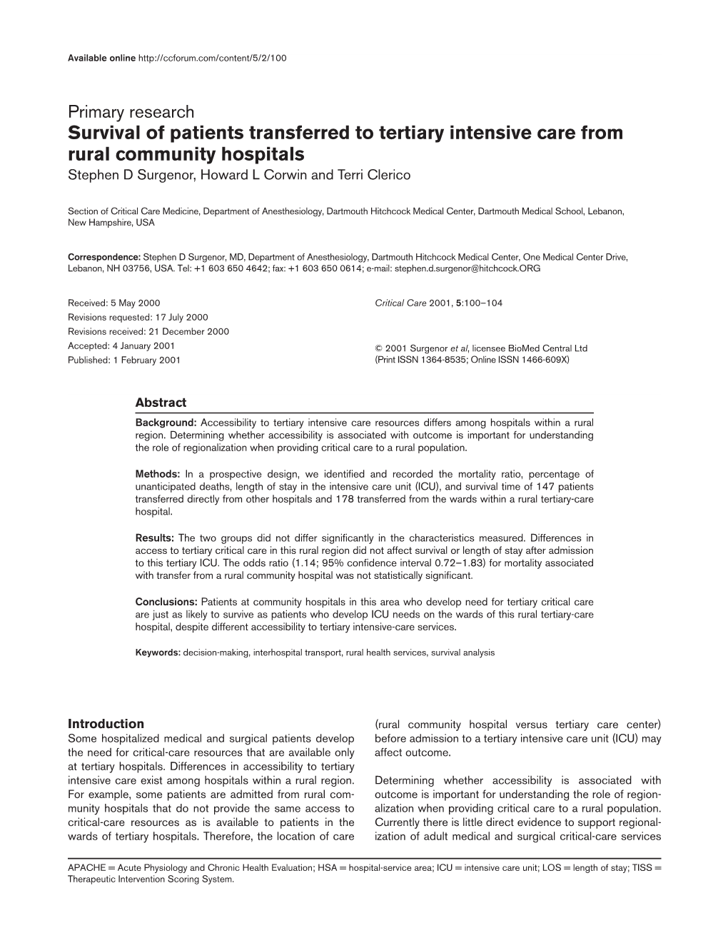 Survival of Patients Transferred to Tertiary Intensive Care from Rural Community Hospitals Stephen D Surgenor, Howard L Corwin and Terri Clerico