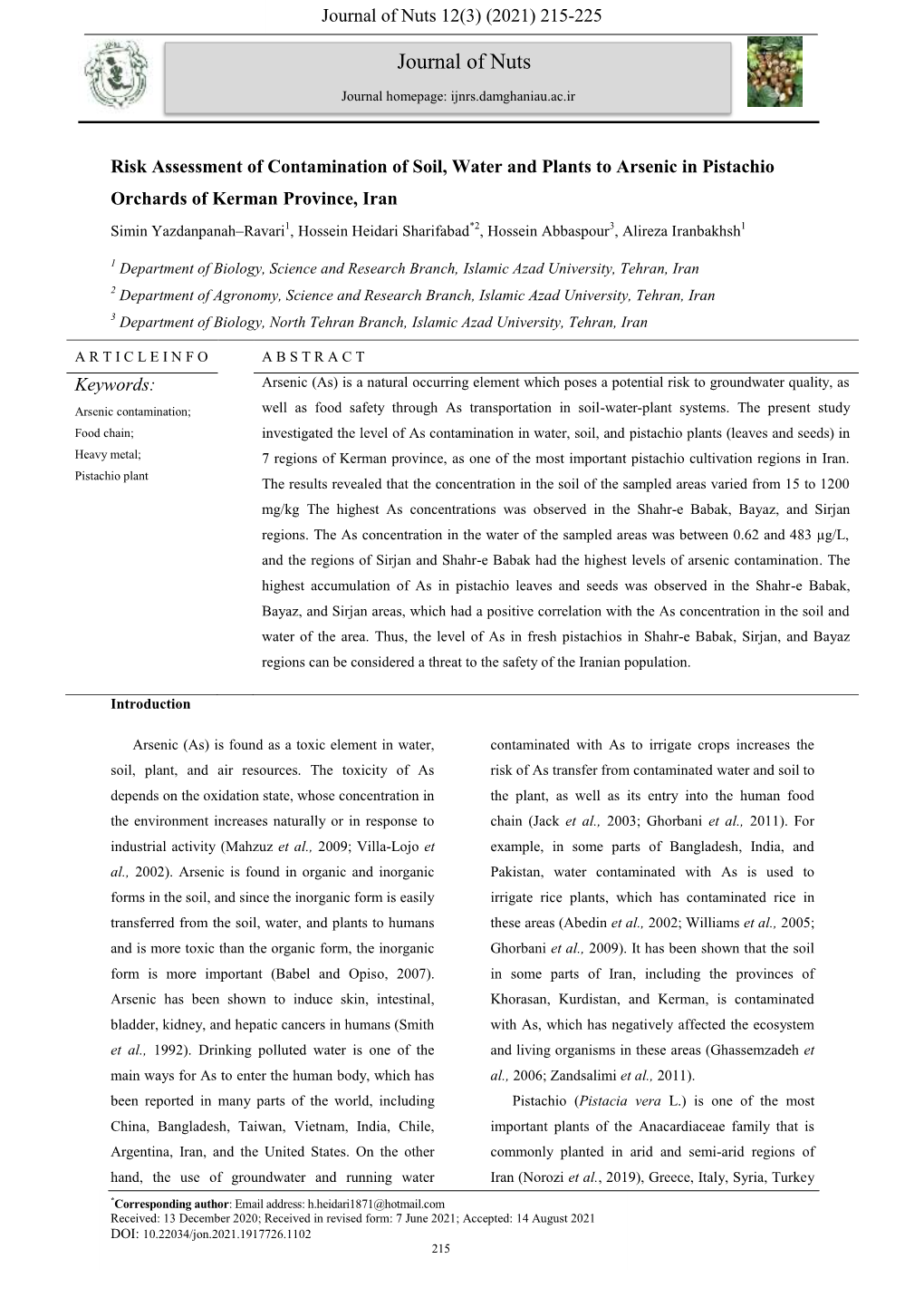 (2021) 215-225 Risk Assessment of Contamination of Soil, Water And