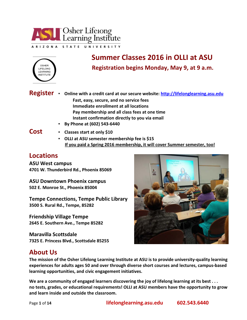 Summer Classes 2016 in OLLI at ASU