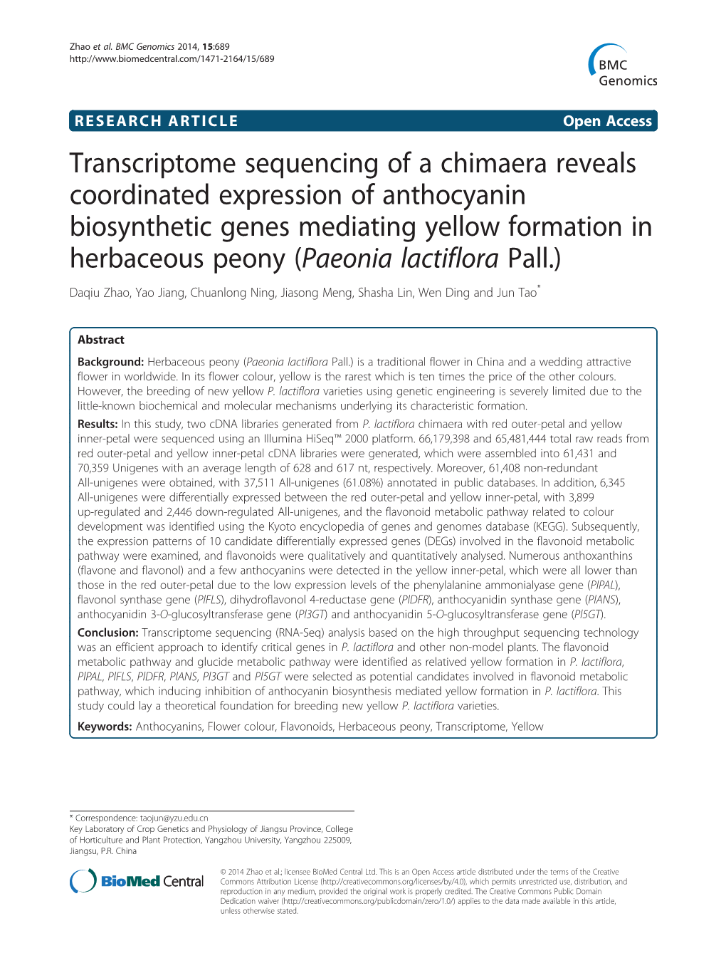 Transcriptome Sequencing of a Chimaera Reveals Coordinated Expression of Anthocyanin Biosynthetic Genes Mediating Yellow Formati