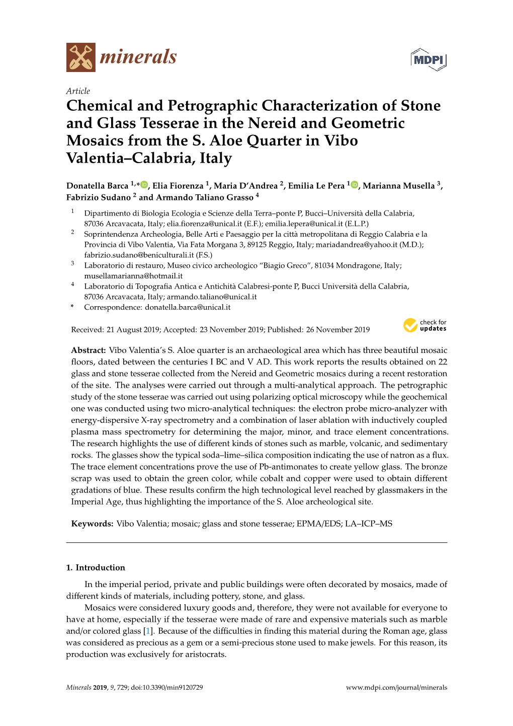 Chemical and Petrographic Characterization of Stone and Glass Tesserae in the Nereid and Geometric Mosaics from the S. Aloe Quarter in Vibo Valentia–Calabria, Italy