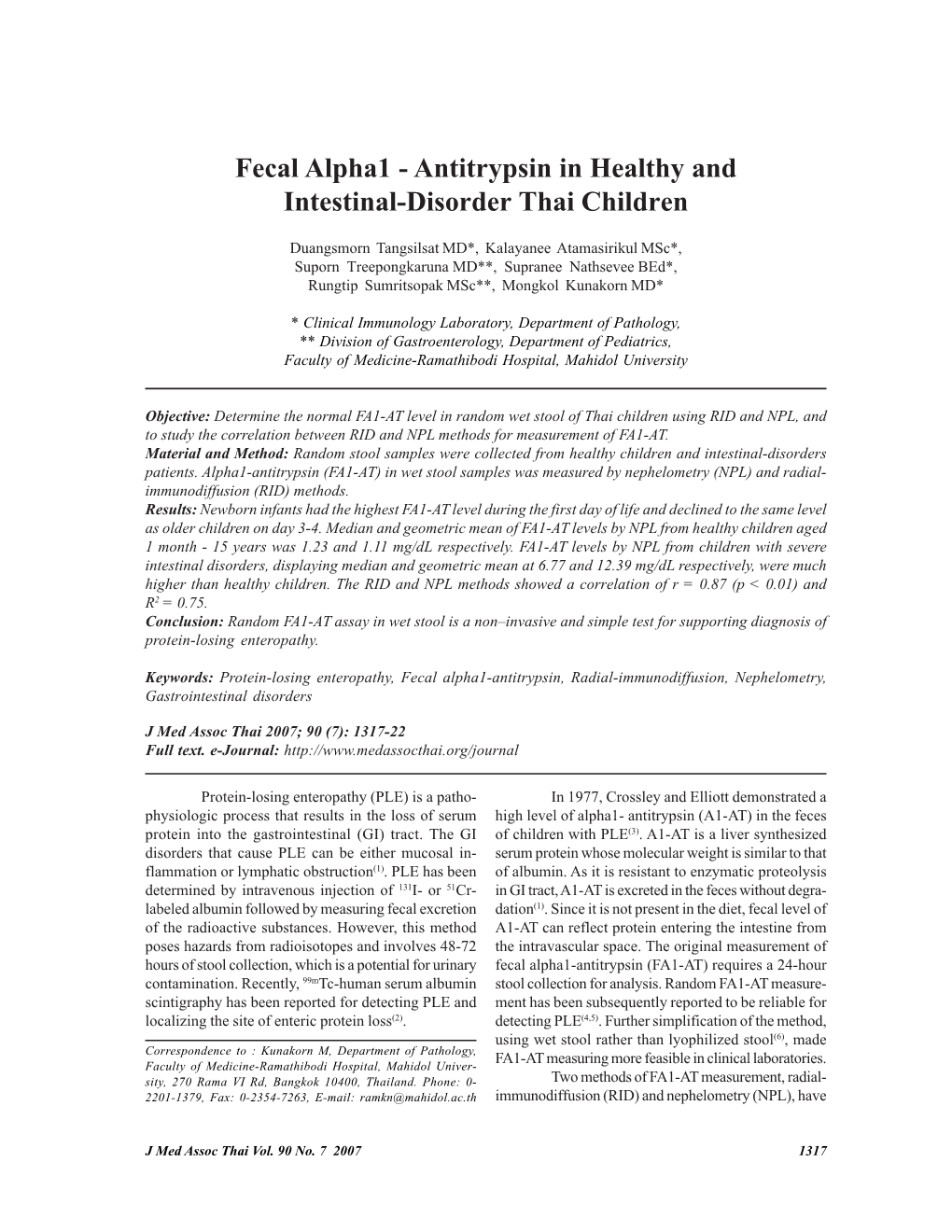 Fecal Alpha1 - Antitrypsin in Healthy and Intestinal-Disorder Thai Children