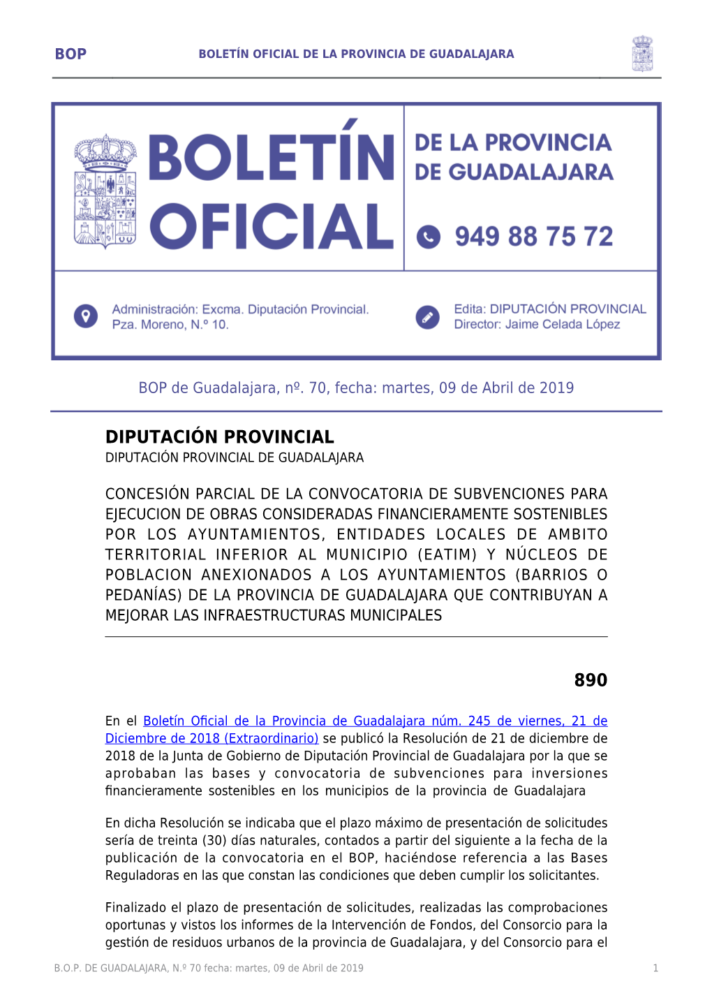 BOP De Guadalajara, Nº. 70, Fecha: Martes, 09 De Abril De 2019