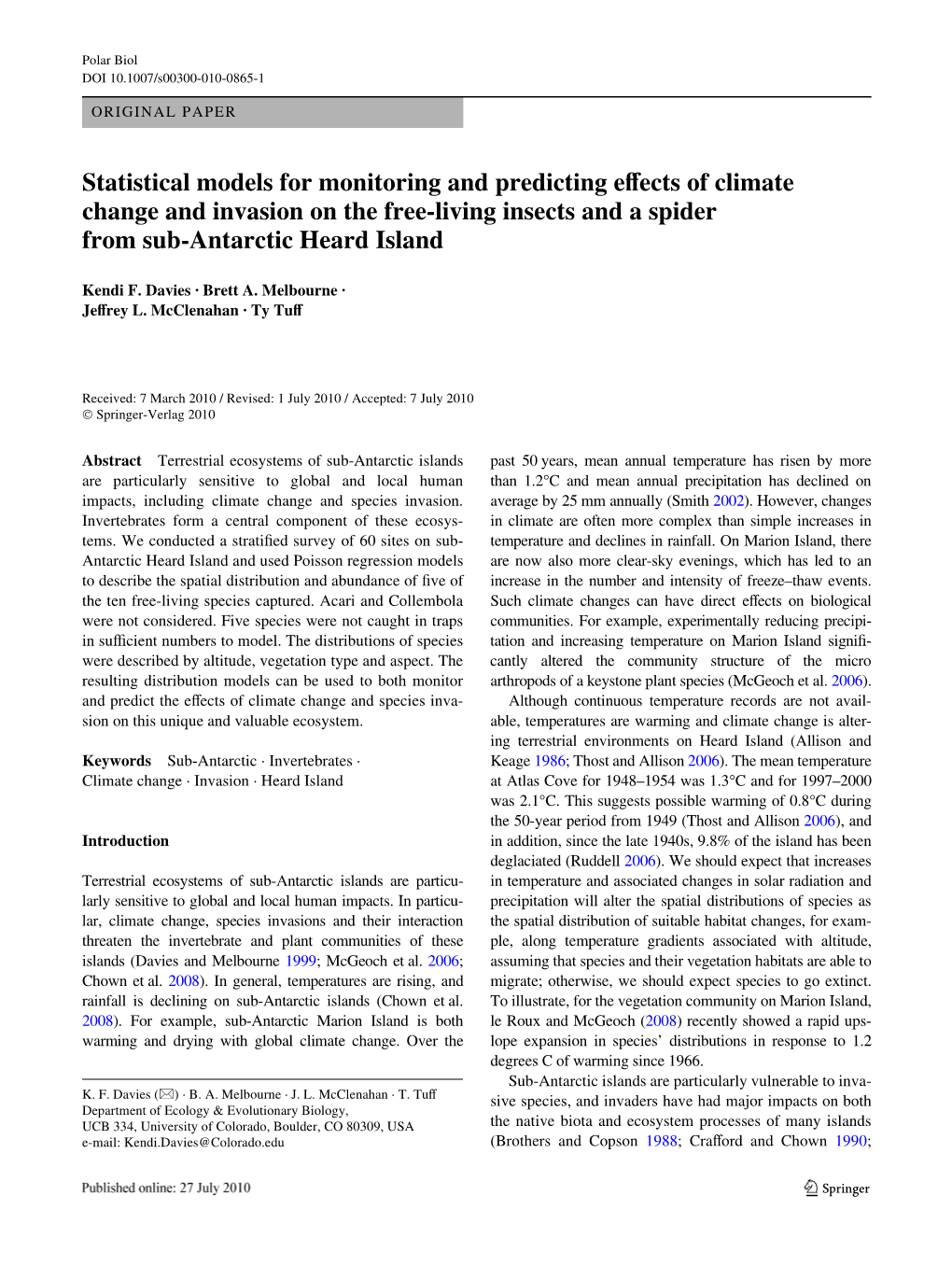 Statistical Models for Monitoring and Predicting Evects of Climate Change and Invasion on the Free-Living Insects and a Spider from Sub-Antarctic Heard Island