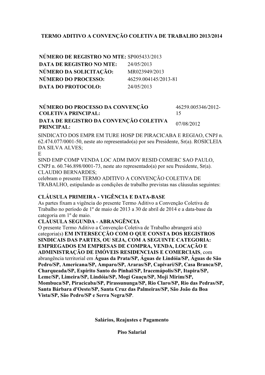 Termo Aditivo a Convenção Coletiva De Trabalho 2013/2014