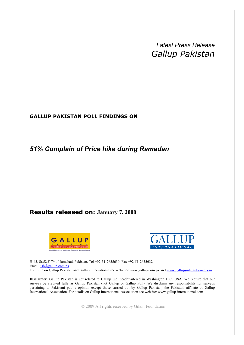 Latest Press Release Gallup Pakistan