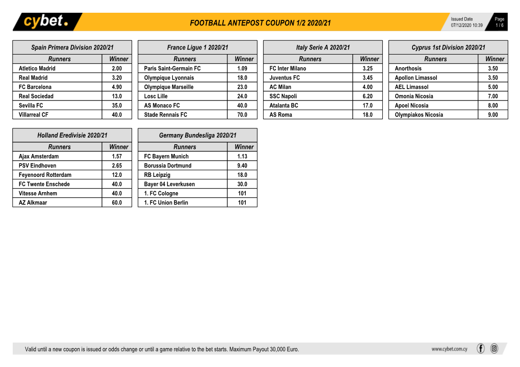 Football Antepost Coupon 1/2 2020/21 07/12/2020 10:39 1 / 6