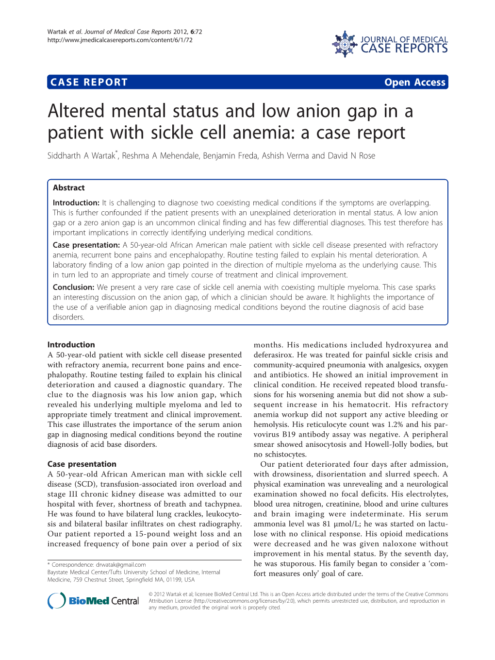 Altered Mental Status and Low Anion Gap in a Patient with Sickle Cell Anemia