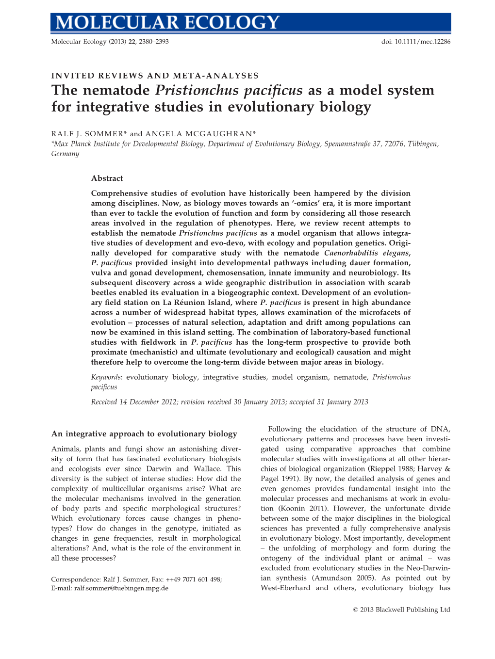 The Nematode Pristionchus Pacificus As a Model System for Integrative