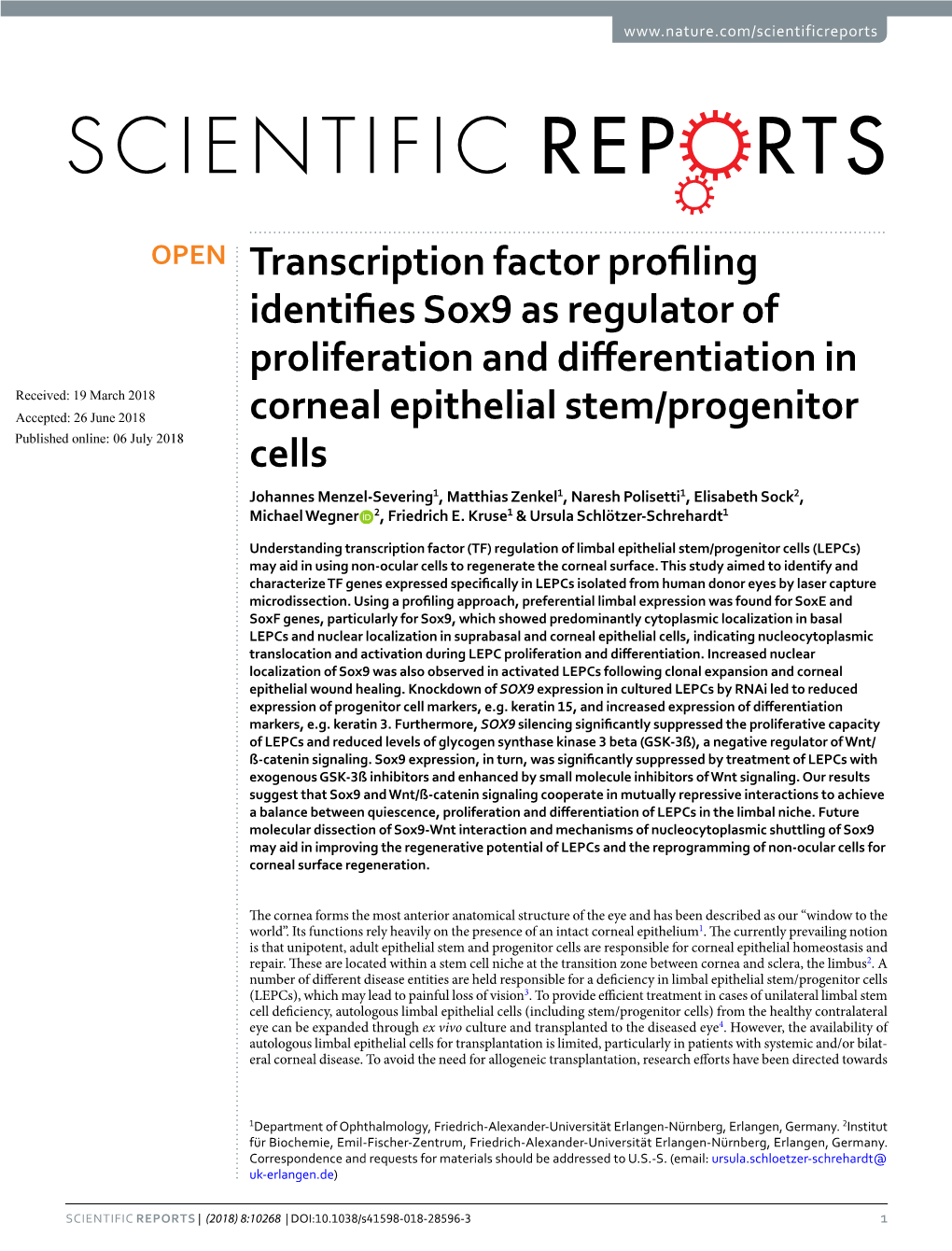 Transcription Factor Profiling Identifies Sox9 As Regulator of Proliferation and Differentiation in Corneal Epithelial Stem/Prog