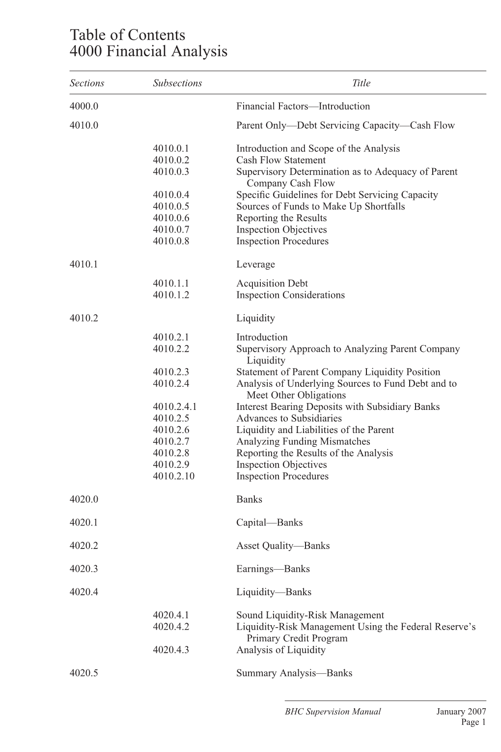 BHC Supervision Manual January 2007 Page 1 Table of Contents 4000 Financial Analysis