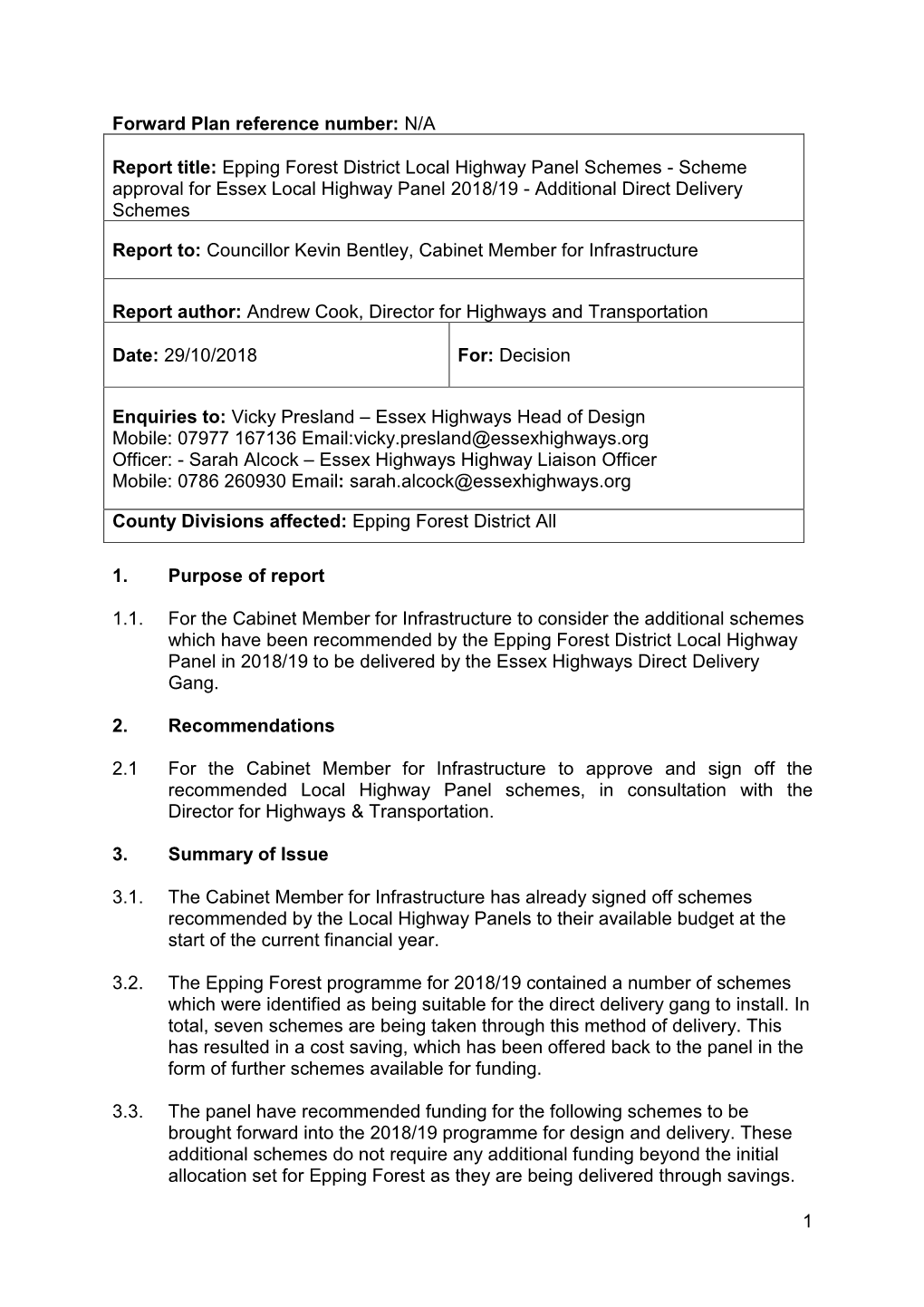 Epping Forest District Local Highway Panel Schemes - Scheme Approval for Essex Local Highway Panel 2018/19 - Additional Direct Delivery Schemes