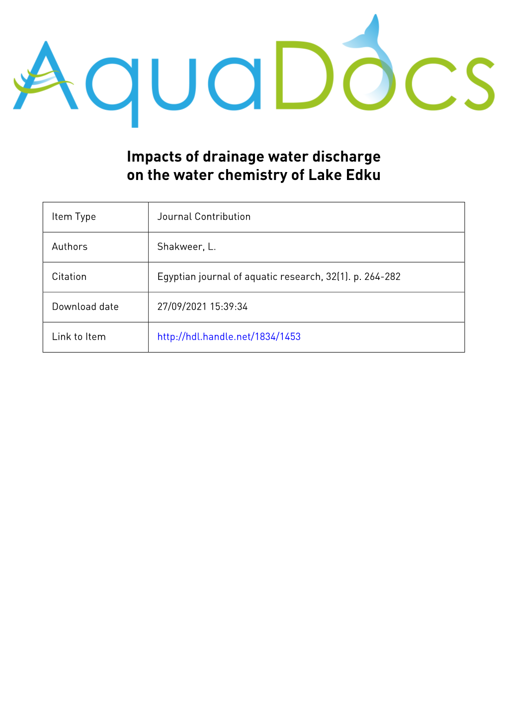 Impacts of Drainage Water Discharge on the Water Chemistry of Lake Edku