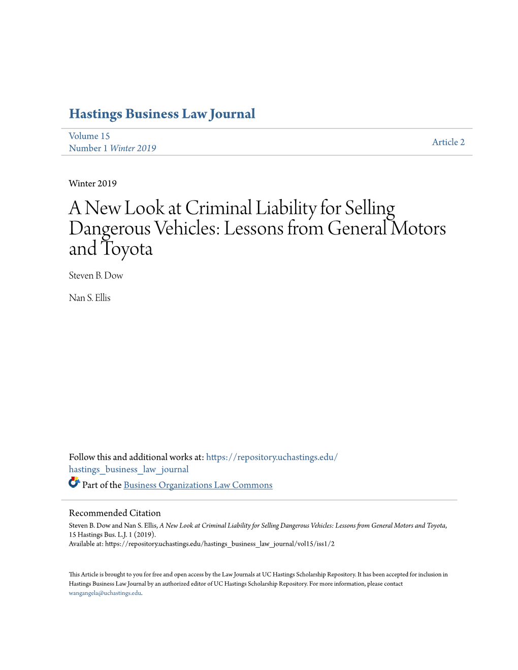 A New Look at Criminal Liability for Selling Dangerous Vehicles: Lessons from General Motors and Toyota Steven B