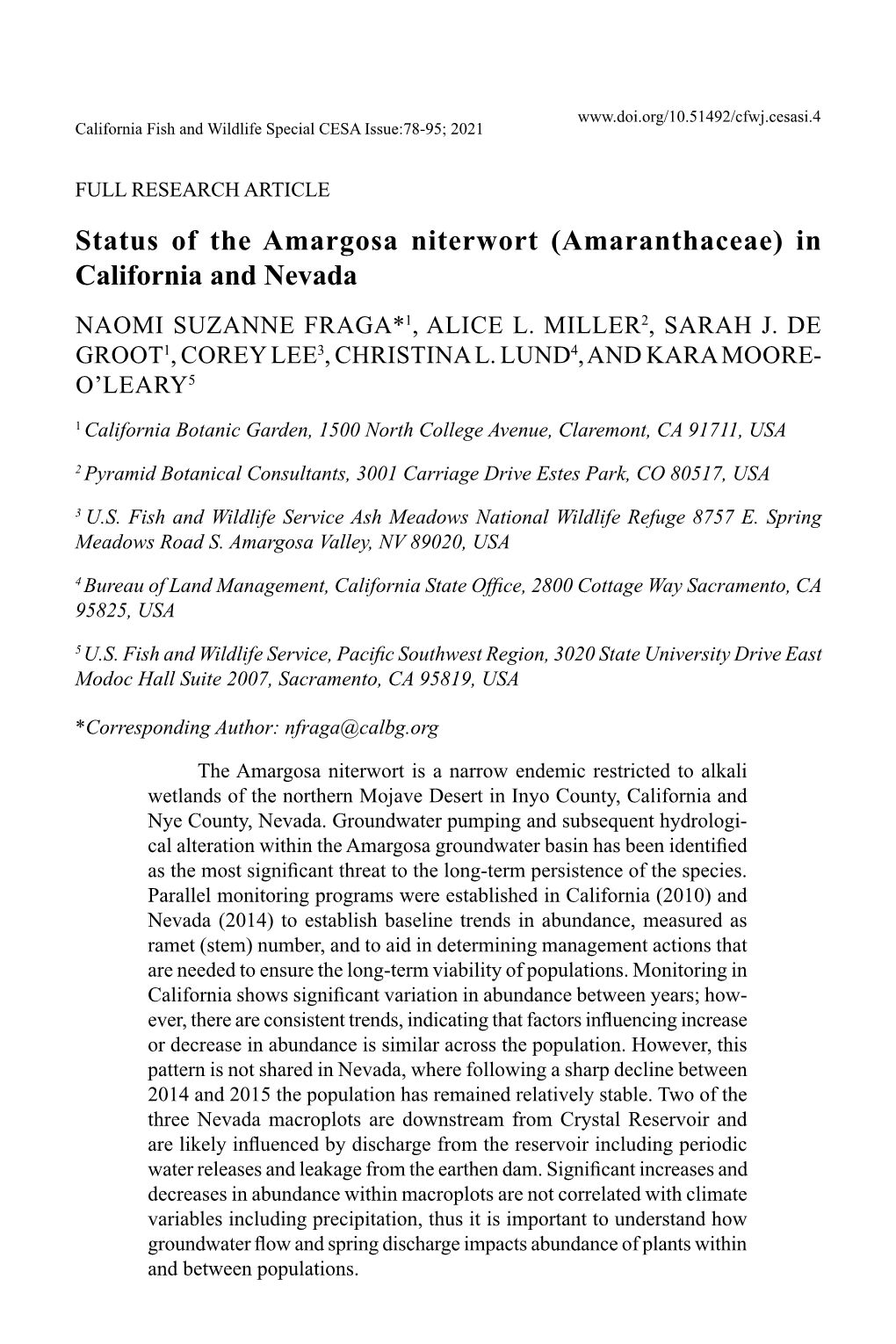 Status of the Amargosa Niterwort (Amaranthaceae) in California and Nevada NAOMI SUZANNE FRAGA*1, ALICE L