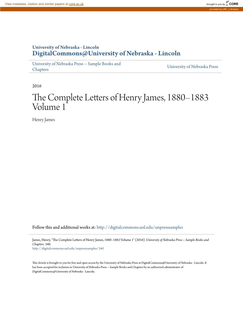 The Complete Letters of Henry James, 1880Â•Fi1883 Volume 1