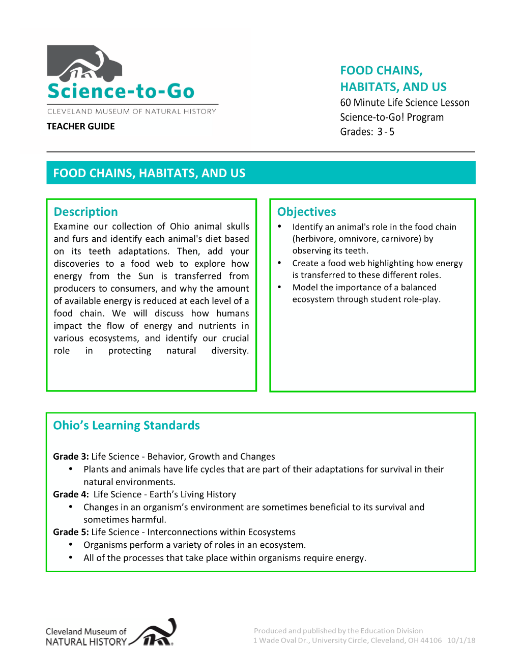 Ohio's Learning Standards FOOD CHAINS, HABITATS, and US