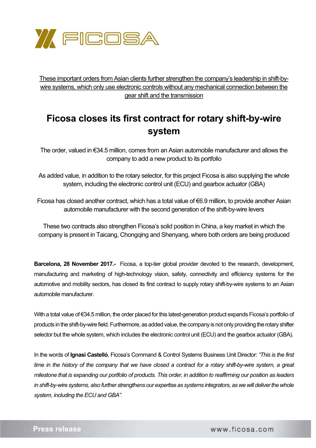 Ficosa Closes Its First Contract for Rotary Shift-By-Wire System