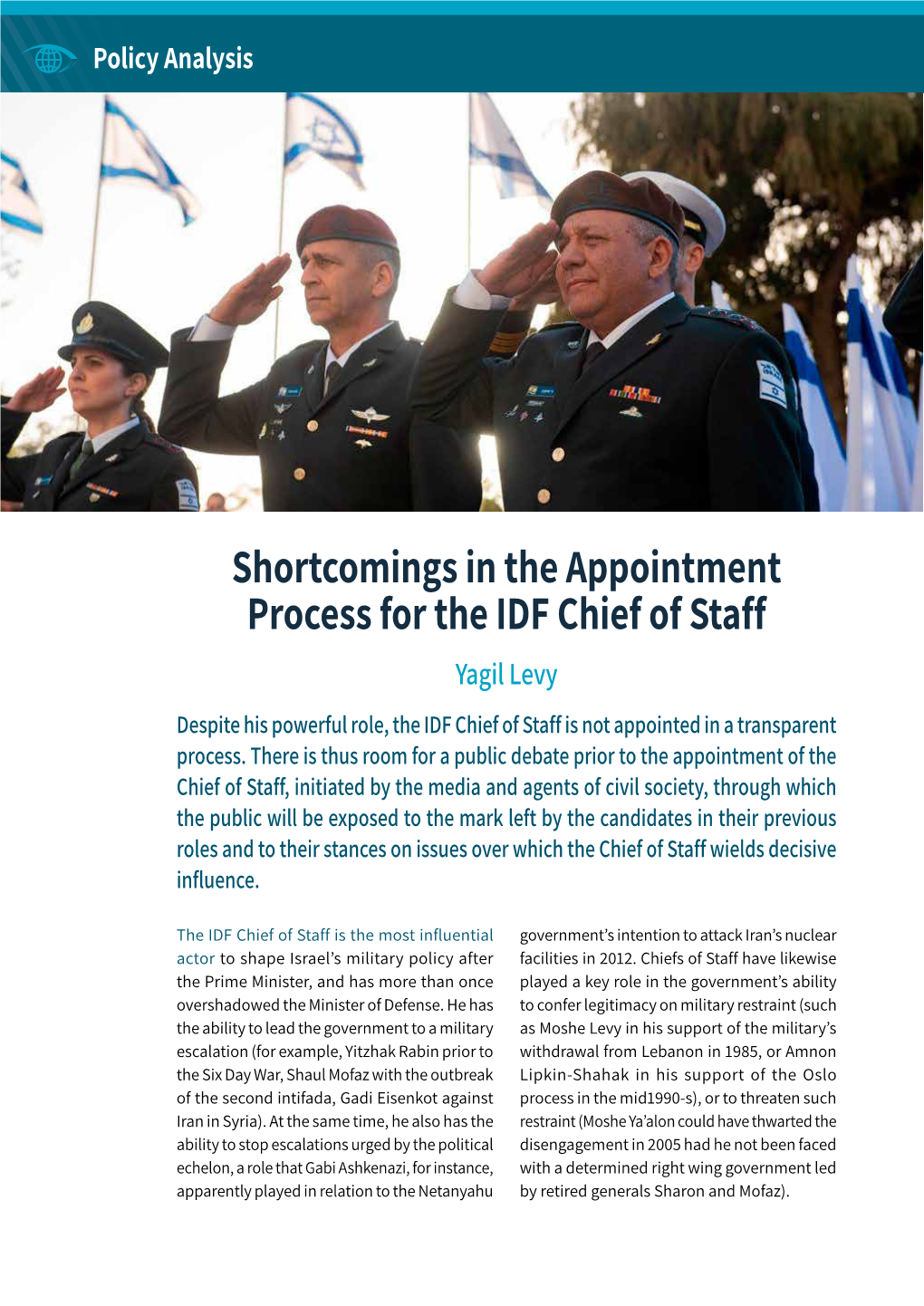 Shortcomings in the Appointment Process for the IDF Chief of Staff