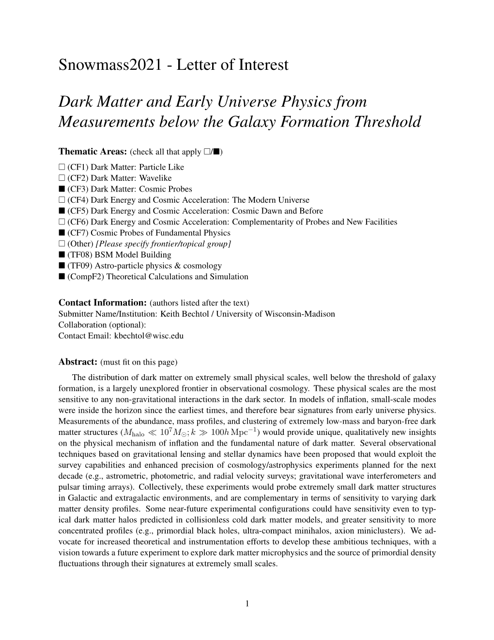 Letter of Interest Dark Matter and Early Universe Physics From