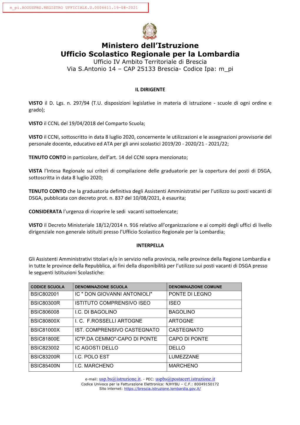 Ministero Dell'istruzione Ufficio Scolastico Regionale Per La