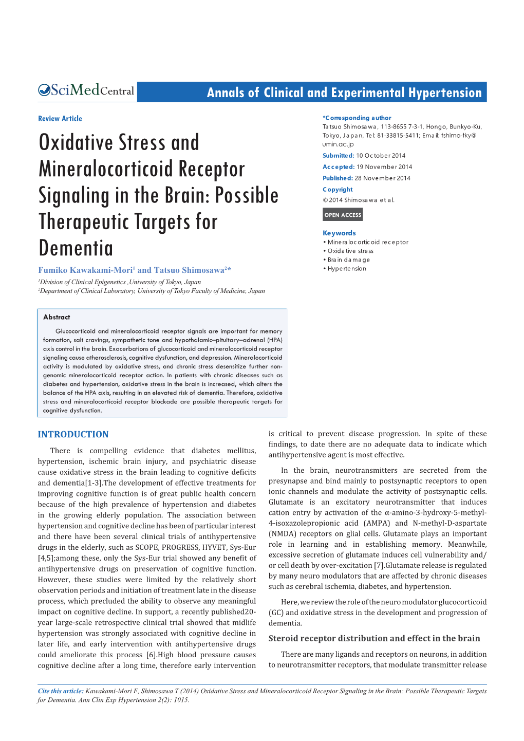 Oxidative Stress and Mineralocorticoid Receptor Signaling in the Brain: Possible Therapeutic Targets for Dementia